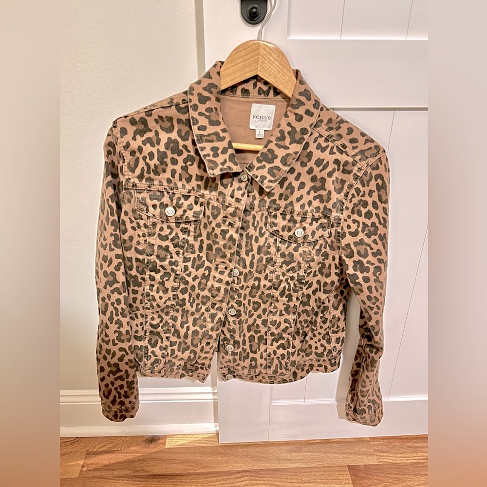 Kensie Vintage Luxe Leopard Print Denim Jacket Size Large